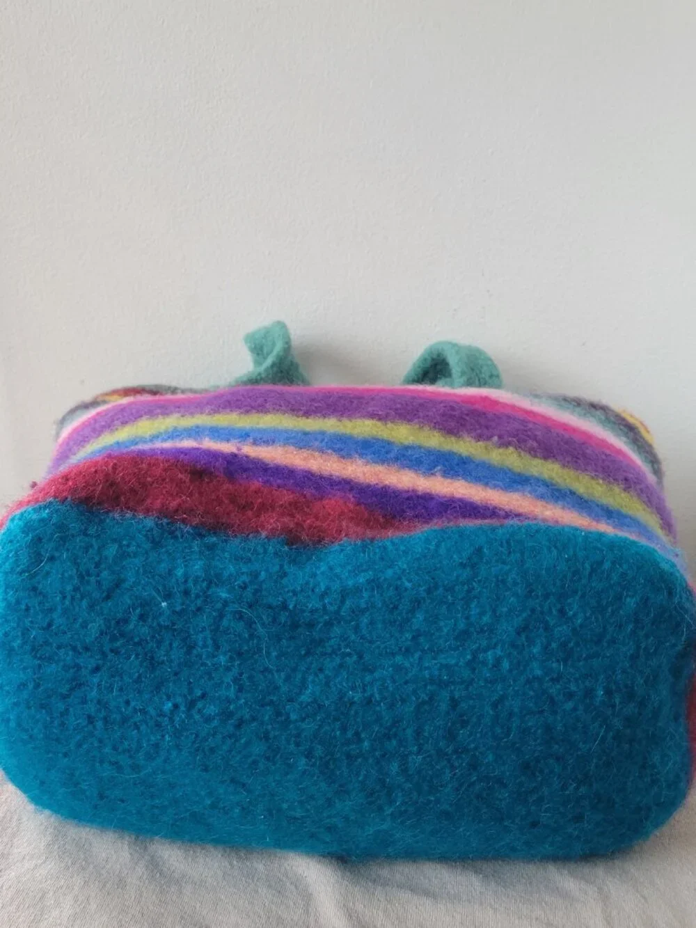 Colorful Felted Wool Tote Bag Rainbow Stripe Shoulder Bag Boho Artisan NWOT